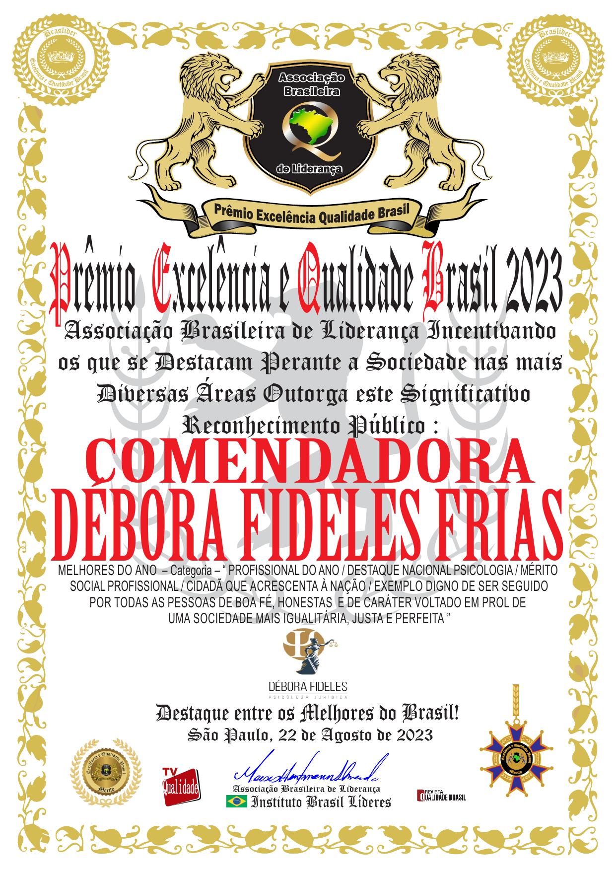 Reconhecimento público de Débora Fideles Frias no Prêmio Excelência e Qualidade Brasil 2023